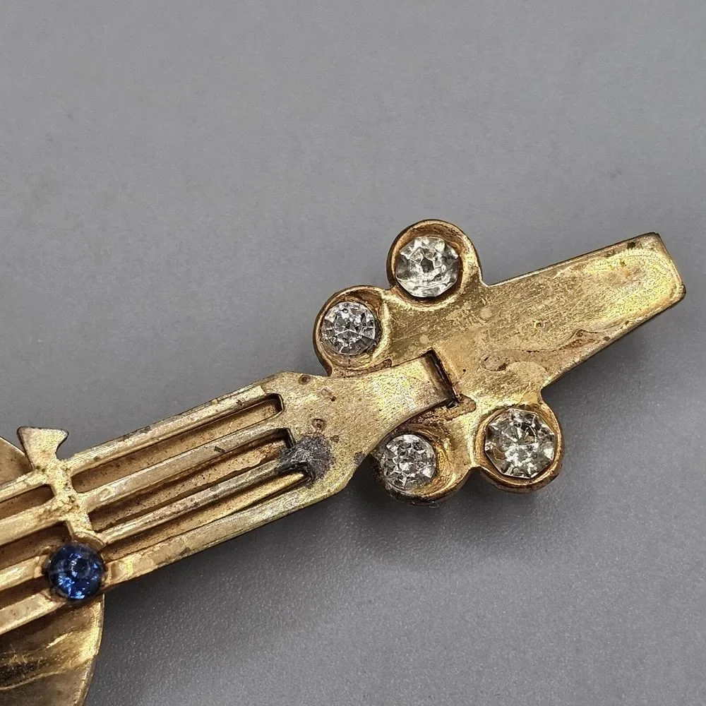 Vtg Cello Bass Brooch Pin Brass Dimensional Rhinestone Music Notes 1950s - Picture 5 of 9
